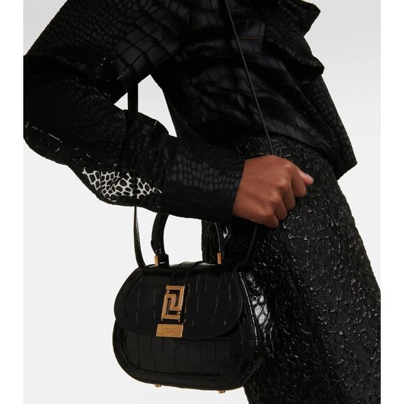Versace Greca Goddess Croc-Embossed Top Handle Mini Bag in Black Calfskin - Picture 4 of 13